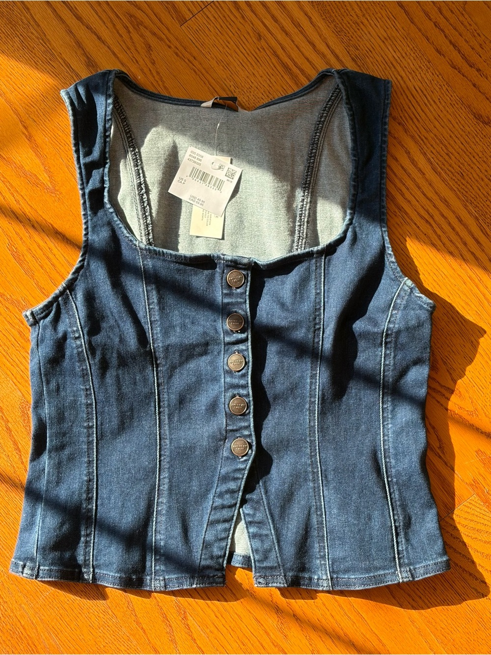American Eagle Denim Button-Front Top - Deep Blue